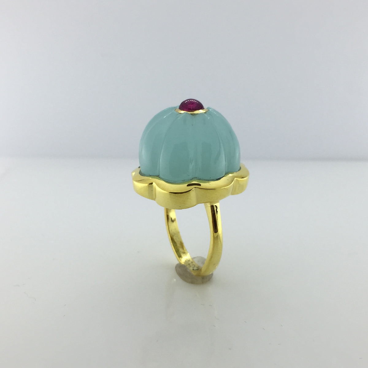 Gold Plated Sterling Silver Blue Chalcedony and Ruby Ring