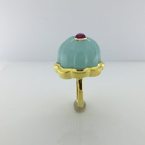 Gold Plated Sterling Silver Blue Chalcedony and Ruby Ring