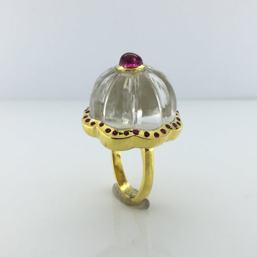 Gold Plated Sterling Silver Rock Crystal and Ruby Ring