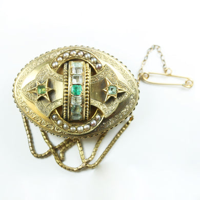 Antique Emerald, Aquamarine and Seed Pearl Mourning Brooch