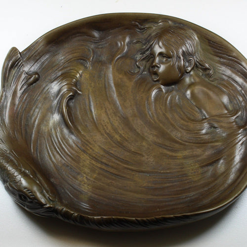 Antique Koi Fish and Child Bronze Plate