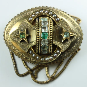 Antique Emerald, Aquamarine and Seed Pearl Mourning Brooch