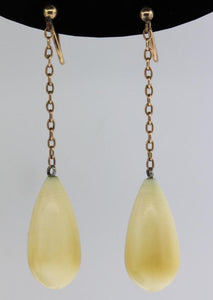 Antique 9ct Yellow Gold Ivory Drop Screw On Earrings