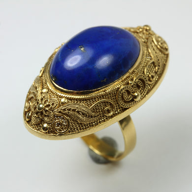 Sterling Silver Gold Plated Lapis Lazuli Carved Filigree Ring