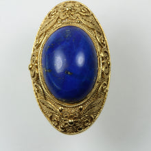 Sterling Silver Gold Plated Lapis Lazuli Carved Filigree Ring