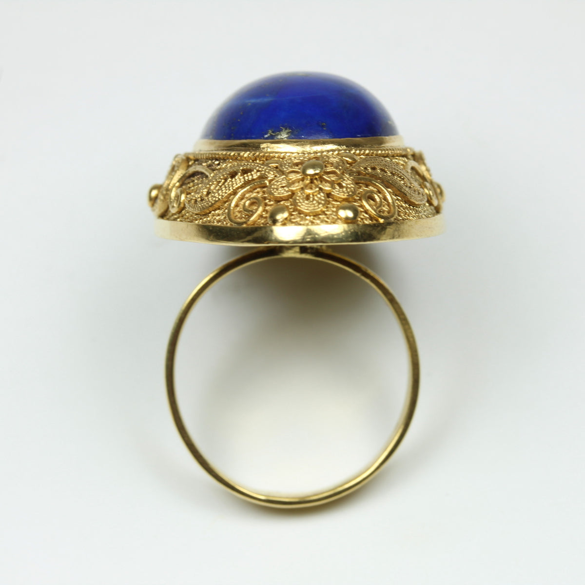 Sterling Silver Gold Plated Lapis Lazuli Carved Filigree Ring