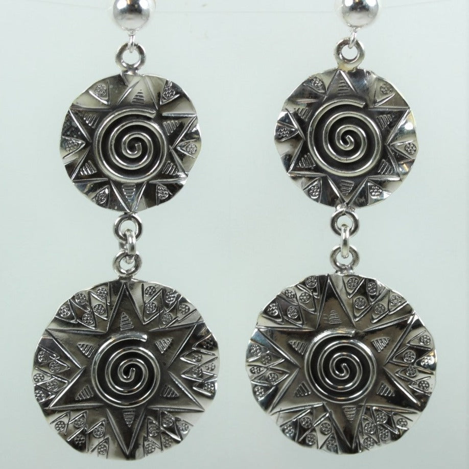 Sterling Silver Drop Modernist Earrings With Star Swirl Motif