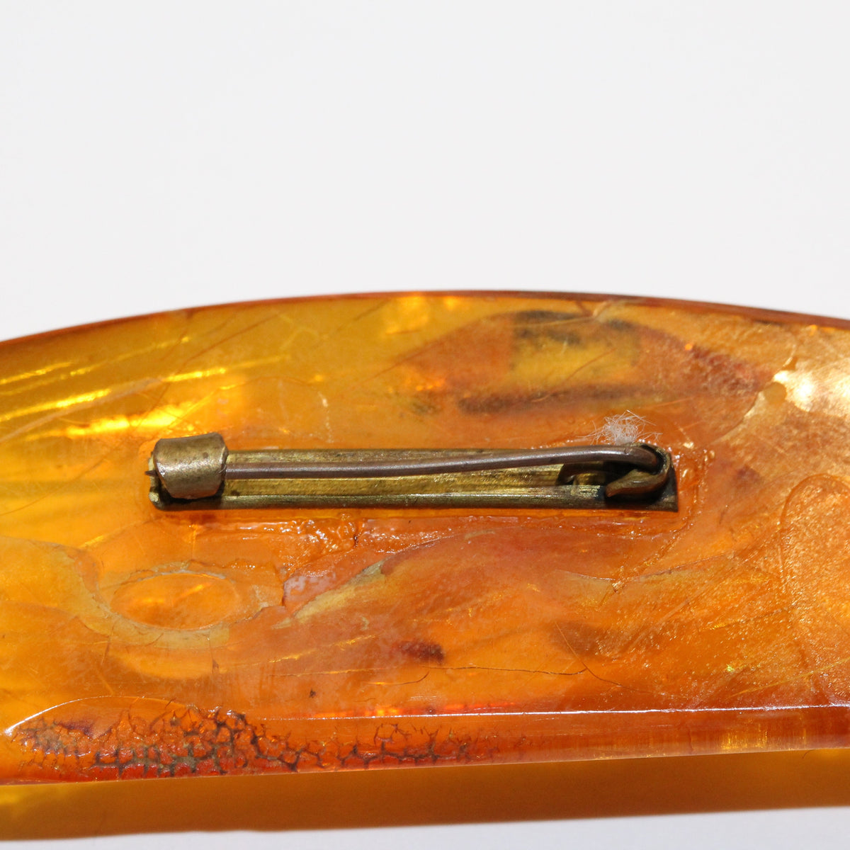 Vintage Carved Baltic Amber Brass Brooch