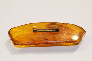 Vintage Carved Baltic Amber Brass Brooch