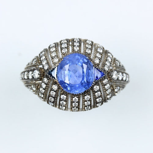 9ct White Gold Ceylon Sapphire and Diamond Dress Ring