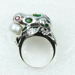 Enamel, Ruby and Freshwater Pearl Frog Ring