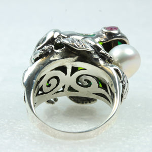 Enamel, Ruby and Freshwater Pearl Frog Ring