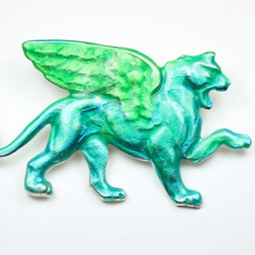 Enamel Green Lion Gryphon Brooch