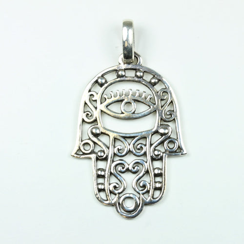 Sterling Silver Ornate Hamsa Hand Evil Eye Pendant