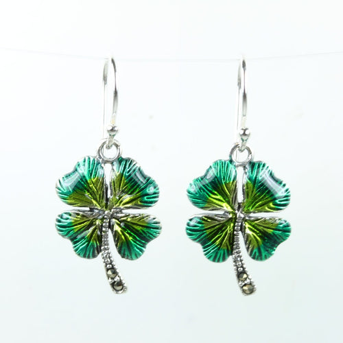 Sterling Silver Four Leaf Green Enamel Clover Drop Earrings