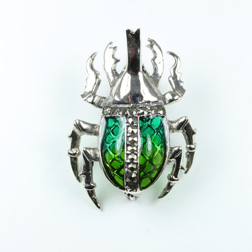 Sterling Silver and Green Enamel Scarab Bug Brooch