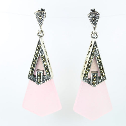 Sterling Silver Drop Marcasite Rose Quartz Earrings