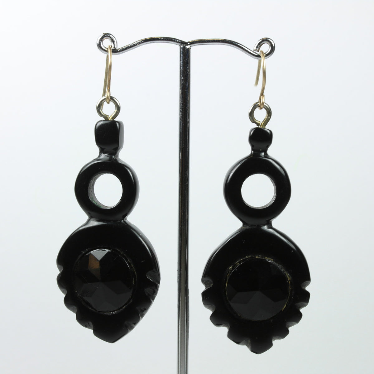 Antique Sterling Silver Black Bakelite Hook Drop Earrings