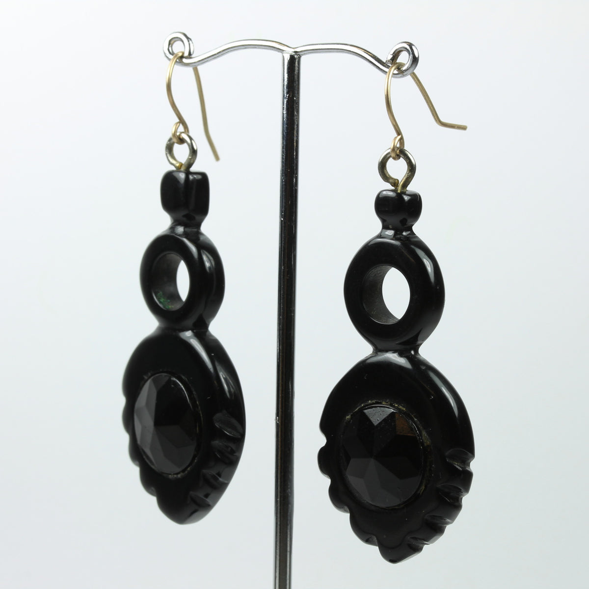 Antique Sterling Silver Black Bakelite Hook Drop Earrings