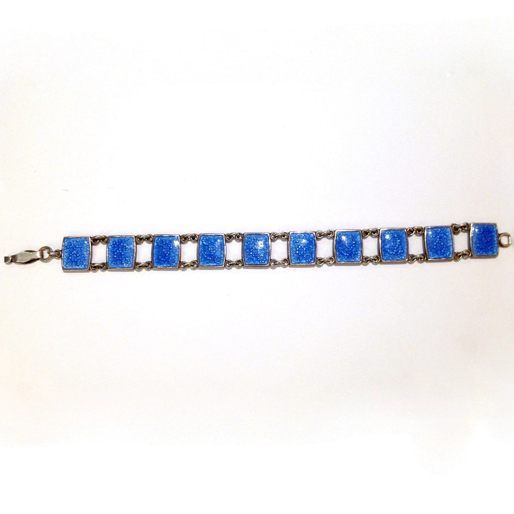 Antique Sterling Silver Flower Motif Blue Enamel Bracelet