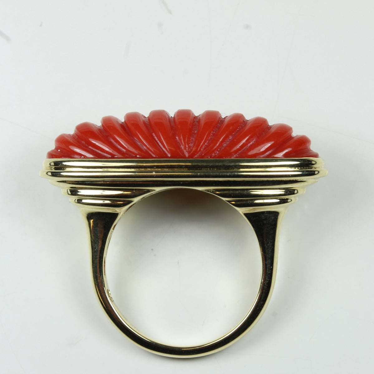 9ct Yellow Gold Ridged Oval Cut Coral Ring