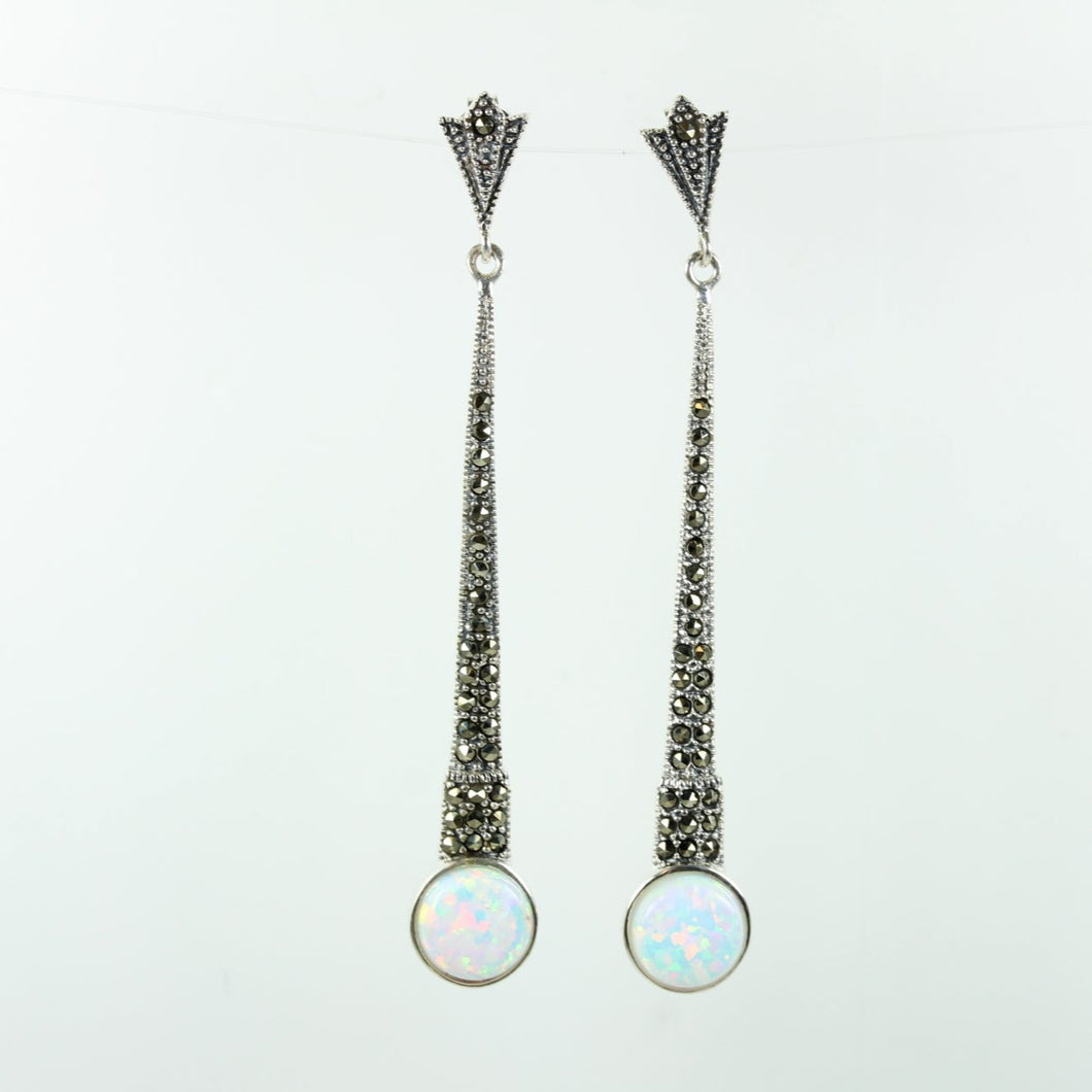 Sterling Silver Long Studded Art Deco Marcasite And Opal Earrings
