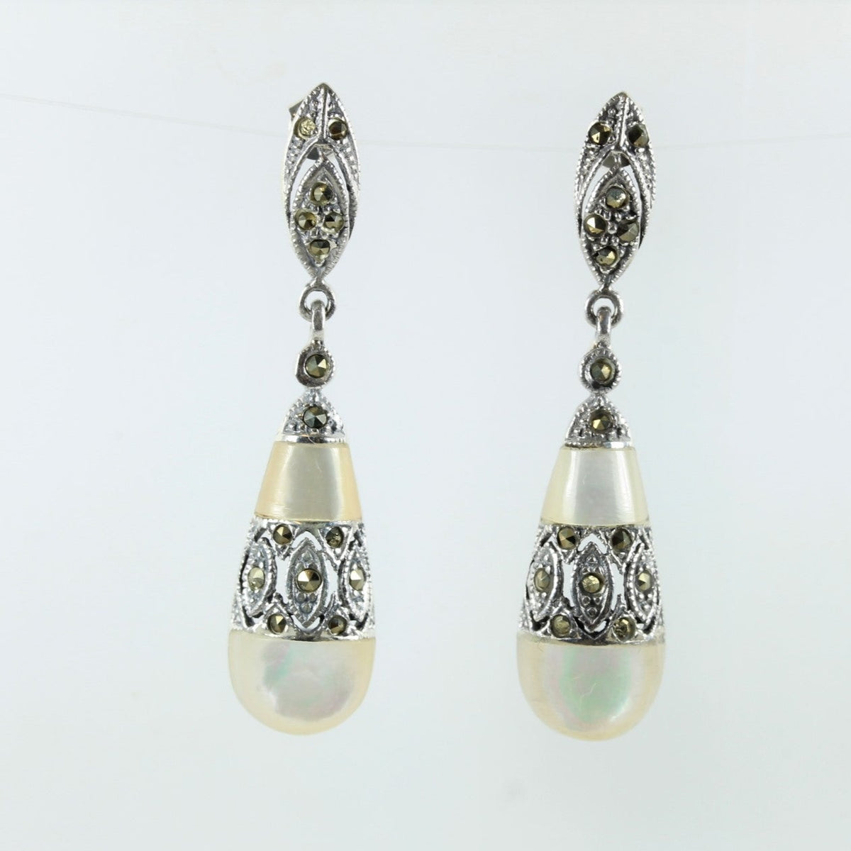 Sterling Silver Studded Tear Drop Mother Of Pearl Earrings