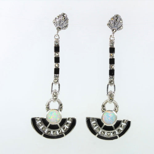 Sterling Silver Black Onyx, Marcasite and Opal Stud Drop Earrings