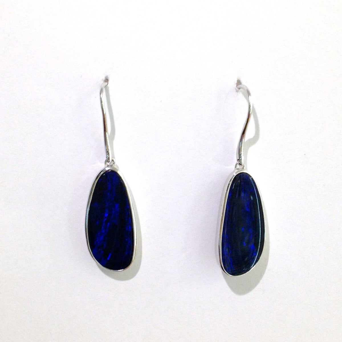 Sterling Silver Doublet Black Opal Hook Drop Earrings