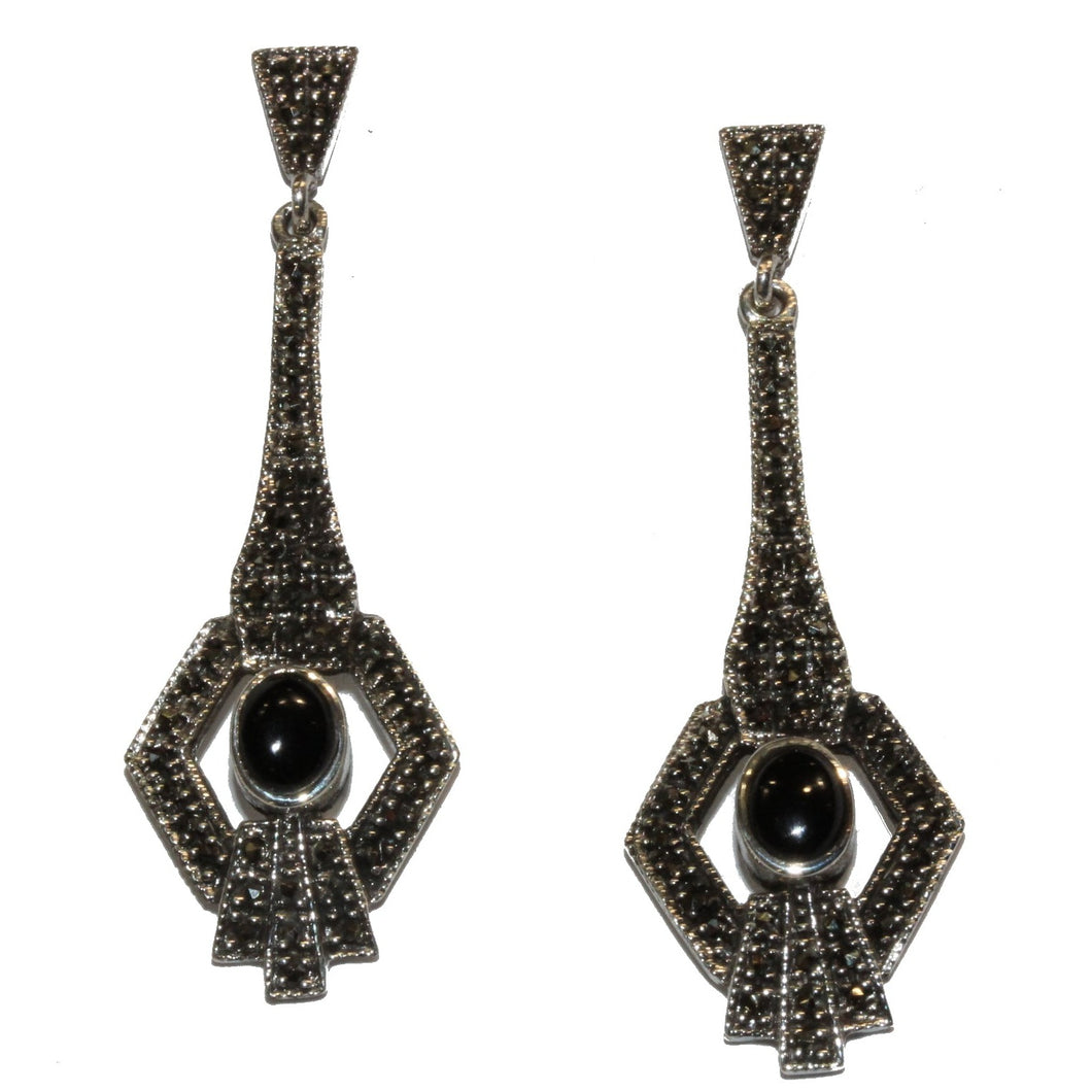 Onyx and Marcasite Drop Earrings