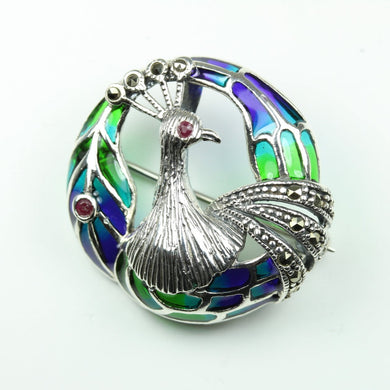 Sterling Silver Peacock with Ruby, Enamel and Marcasite Brooch