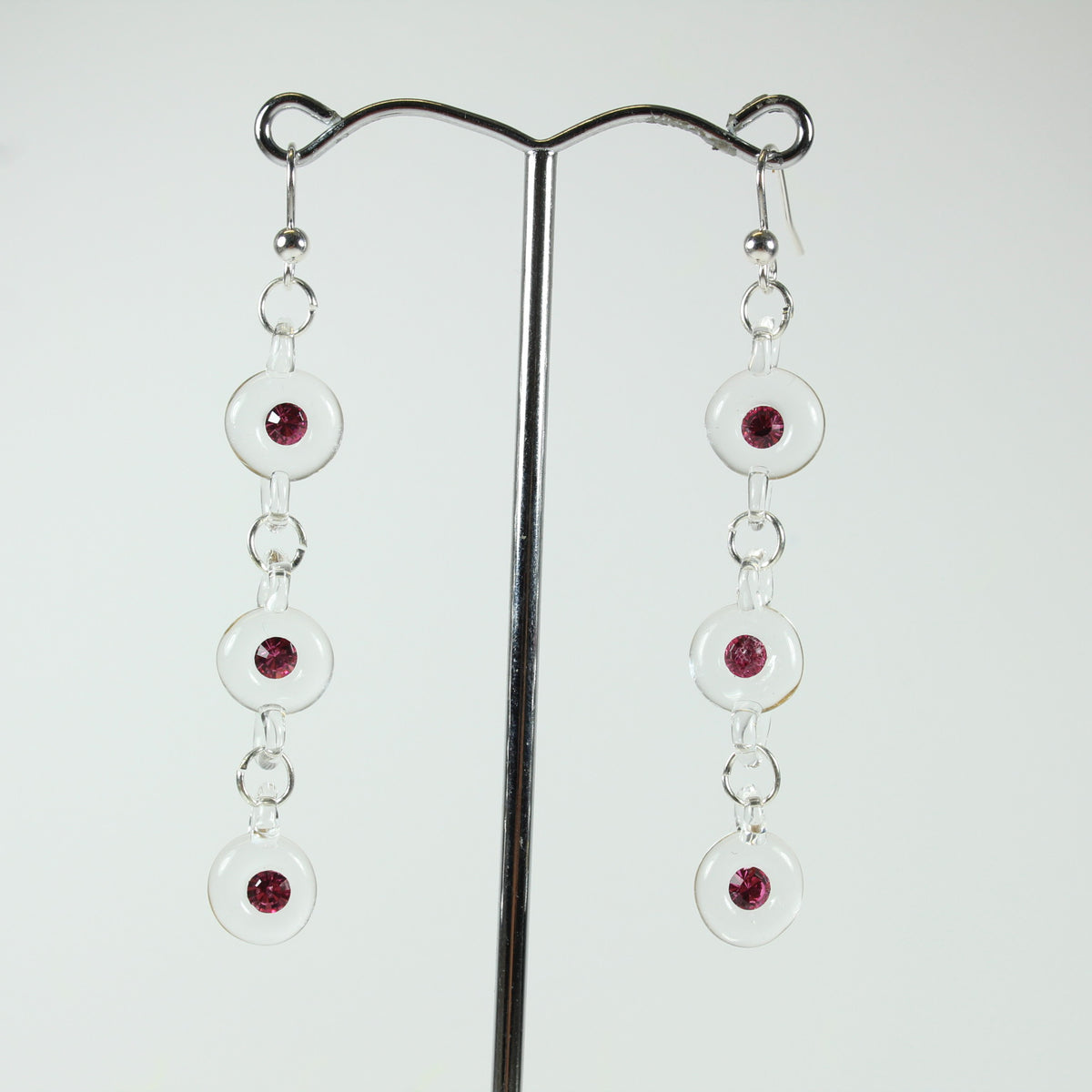 Clear Glass and Pink Crystal Beaded Drop Earrings