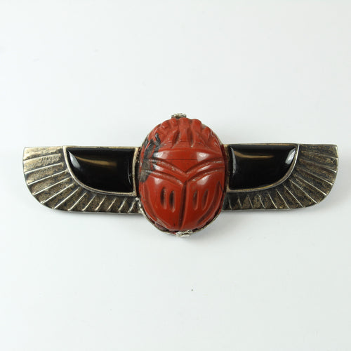 Red Jasper and Onyx Winged Scarab Brooch