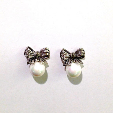 Faux Pearl and Marcasite Ribbon Earrings