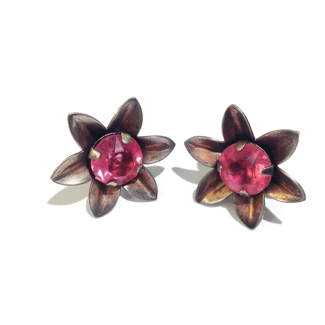 Vintage Pink Rhinestone Flower Clip-on Earrings