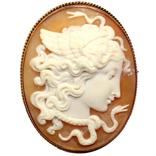 Antique 9ct Yellow Gold Medusa Conch Shell Cameo Brooch