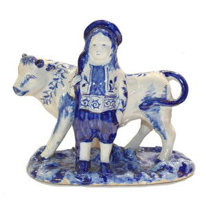 Antique Delft Porcelain Cow and Milkmaid Figurine