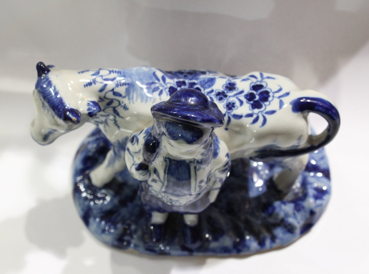 Antique Delft Porcelain Cow and Milkmaid Figurine