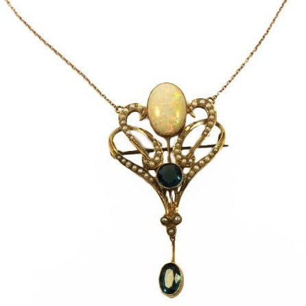 Antique Solid Opal, London Blue Topaz and Seed Pearl Necklace