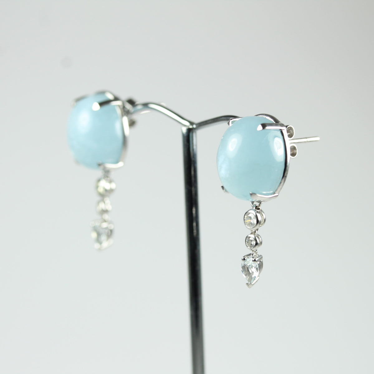 White Gold Aquamarine Cabochon and Diamond Earrings
