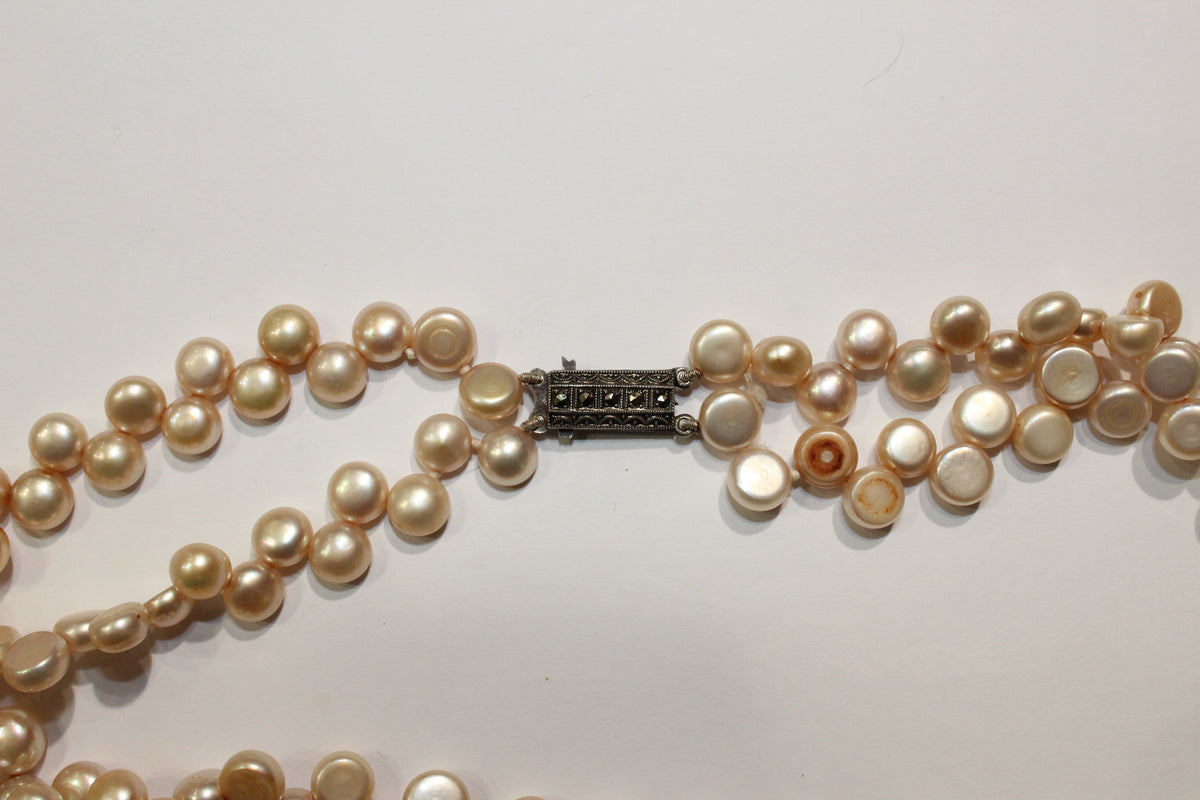 Two Strand Button Pearl Necklace