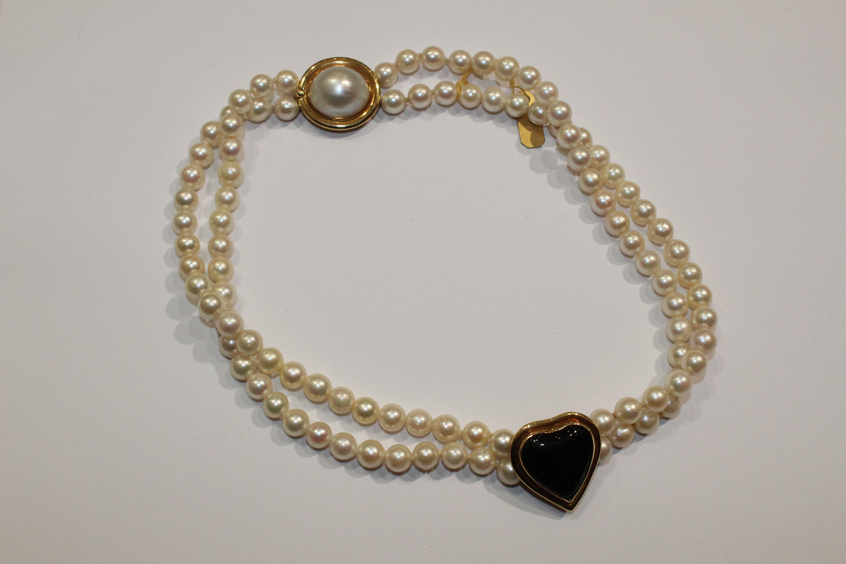 Onyx Heart Cultured Pearl Necklace