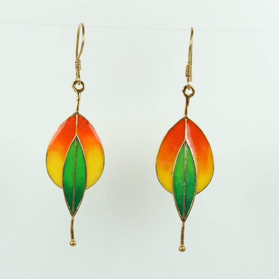 Sterling Silver 14ct Gold Plate Orange and Green Enamel Drop Earrings