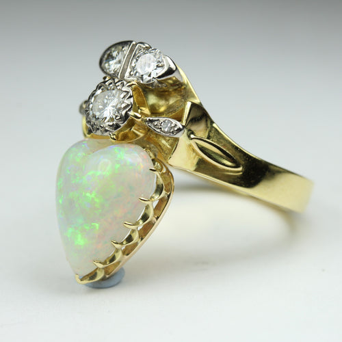 18ct Yellow Gold Heart Cut White Opal and Diamond Ring