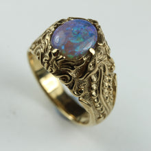 Vintage 9ct Yellow Gold Solid Black Opal Seahorse Signet Ring