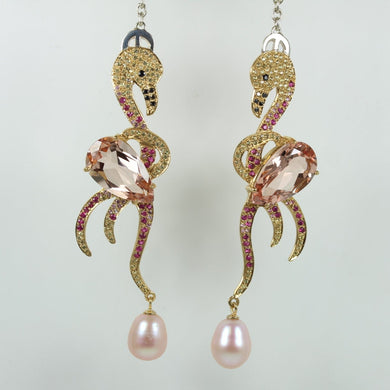 Morganite, Pink Sapphire and Pearl Flamingo Earrings