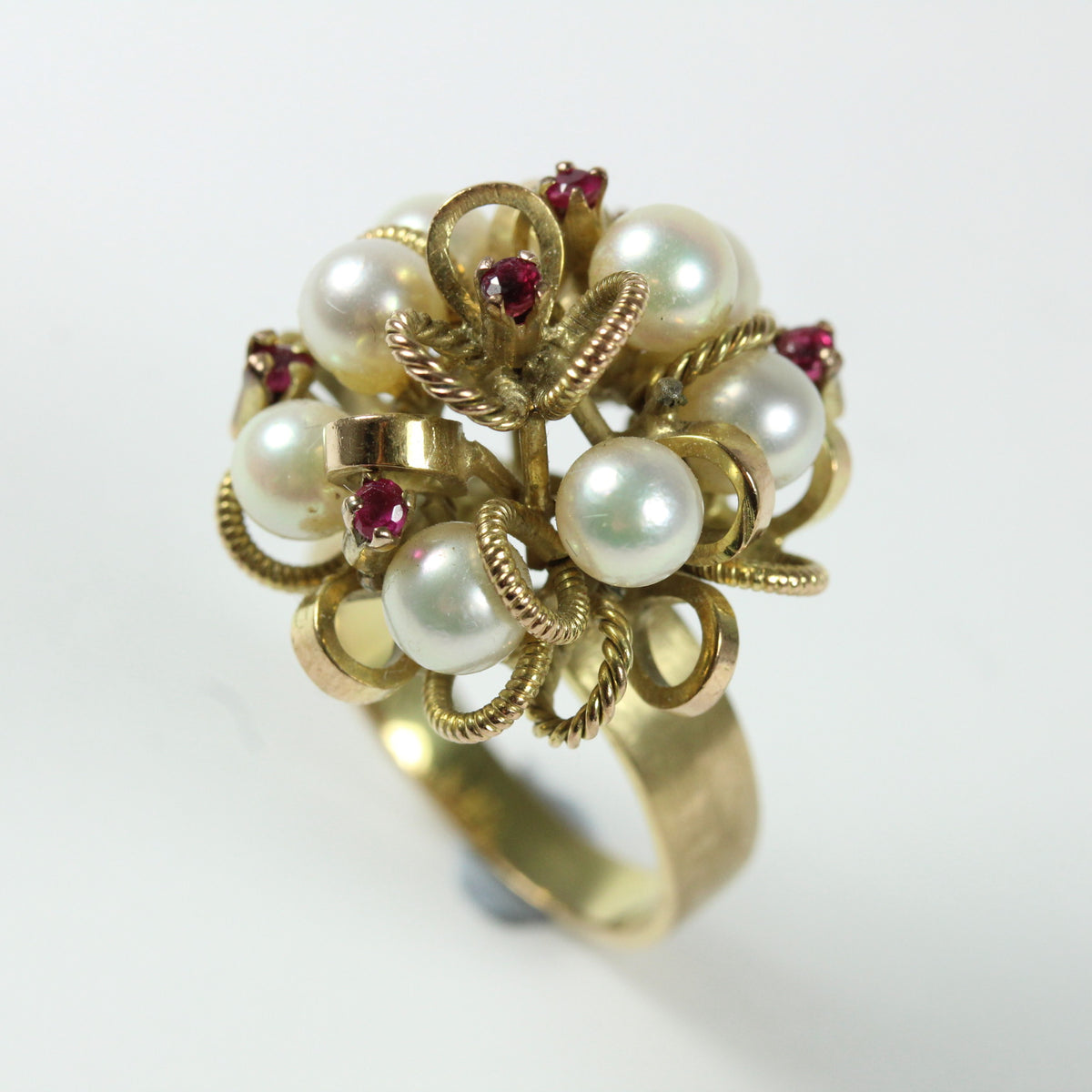 14ct Yellow Gold Freshwater Pearl and Ruby Ring