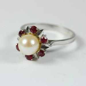 Elaborate 18ct White Gold Cultured Pearl and Ruby Ring