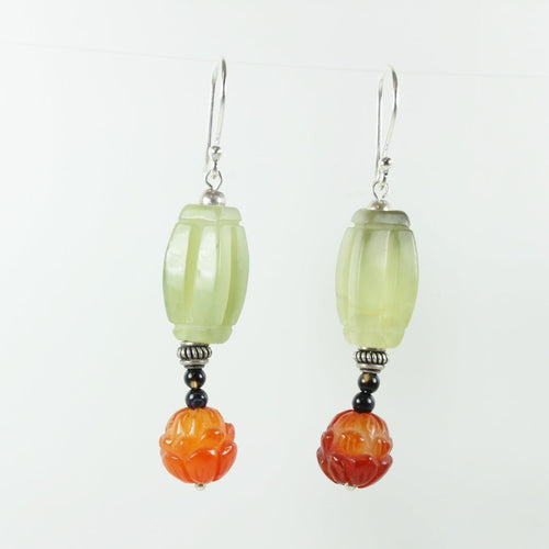 Sterling Silver Amber and Mutton Fat Jadeite Earrings