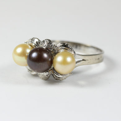 Vintage Trilogy 14ct White Gold Black Tahitian and Cultured Pearl Ring